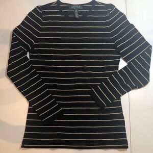 RALPH LAUREN Black and Metallic Gold  Striped Long Sleeve Top Crew Neck Petite S